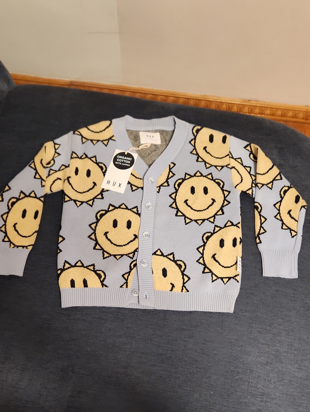 Hux Kids Light Blue Smiley Suny Bear Knit Cardigan Boys 5y